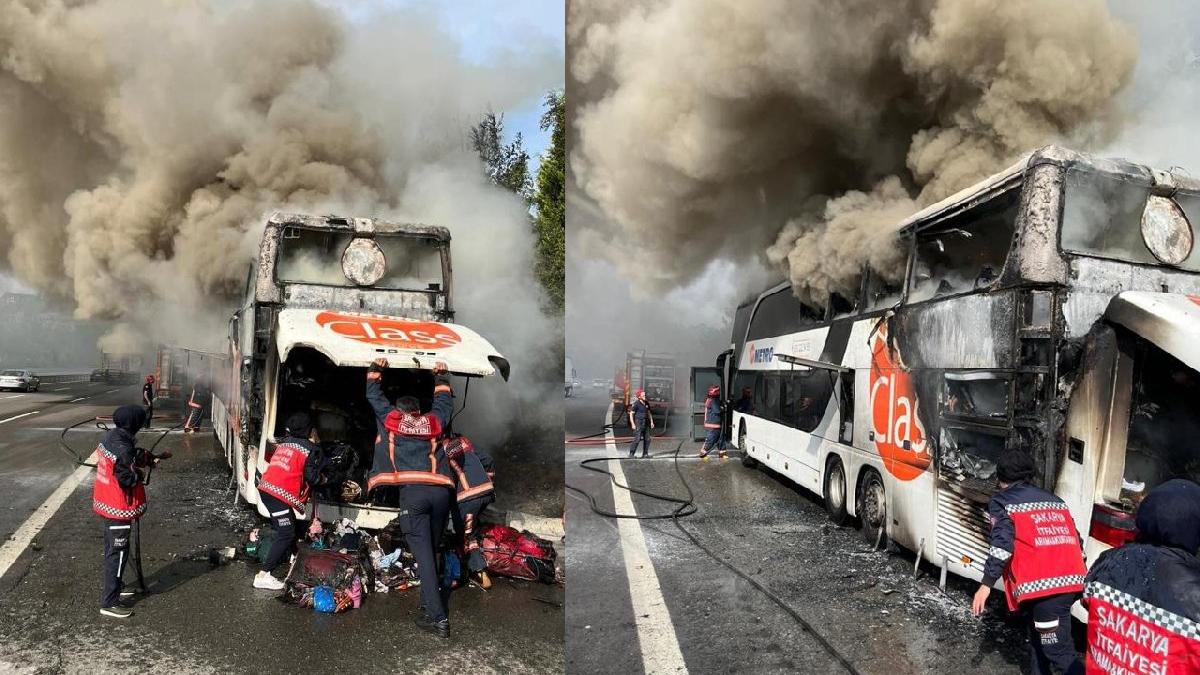 İçi yolcu dolu otobüste can pazarı! Alev alev yandı